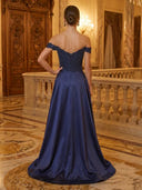Satin A Line Off Shoulder Long Evening Dresses with Lace