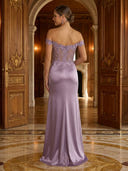 Satin Mermaid Off Shoulder Long Evening Dresses with Lace