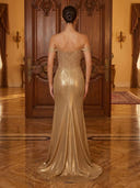 Sequin Mermaid Off Shoulder Long Evening Dresses with Slit