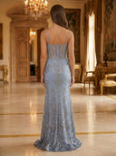 Sequin Mermaid V Neck Spaghetti Straps Long Evening Dresses with Ball Gown