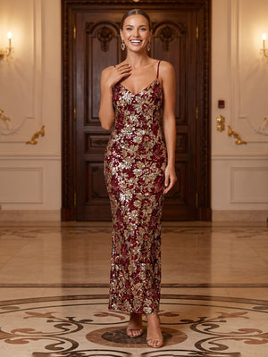 Sequin Mermaid V Neck Spaghetti Straps Long Evening Dresses