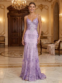 Sequin Mermaid V Neck Spaghetti Straps Long Evening Dresses with Corset