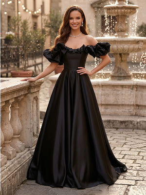 Satin A Line Off Shoulder Long Evening Dresses with Ball Gown