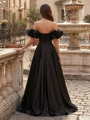 Satin A Line Off Shoulder Long Evening Dresses with Ball Gown