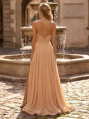 Satin A Line V Neck Spaghetti Straps Long Evening Dresses with Slit