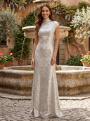 Sparkly Sequin Mermaid High Neck Short Sleeves Long Evening Dresses