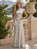 Sparkly Sequin Mermaid High Neck Short Sleeves Long Evening Dresses