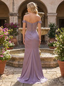 Satin Mermaid Off Shoulder Long Evening Dresses with Lace Appliques