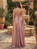 Satin A Line Sweetheart Spaghetti Straps Long Evening Dresses with Slit