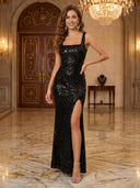 Sequin Mermaid Square Neck Spaghetti Straps Long Evening Dresses with Slit