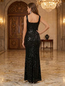 Sequin Mermaid Square Neck Spaghetti Straps Long Evening Dresses with Slit