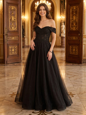 Tulle A Line Off Shoulder Long Evening Dresses with Lace Appliques