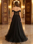 Tulle A Line Off Shoulder Long Evening Dresses with Lace Appliques