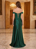 Satin Mermaid Off Shoulder Long Evening Dresses with Lace Appliques