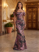 Floral Mermaid Off Shoulder Long Evening Dresses with Ball Gown