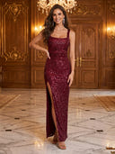 Sequin Mermaid Square Neck Spaghetti Straps Long Evening Dresses with Slit