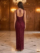 Sequin Mermaid Square Neck Spaghetti Straps Long Evening Dresses with Slit
