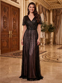 Sparkly Tulle A Line V Neck Short Sleeves Long Evening Dresses Empire Waist
