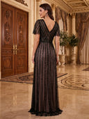 Sparkly Tulle A Line V Neck Short Sleeves Long Evening Dresses Empire Waist
