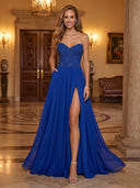 Chiffon A Line Strapless Sleeveless Long Evening Dresses with Slit