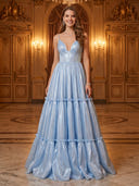Satin A Line V Neck Spaghetti Straps Long Evening Dresses with Ruffles