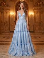 Satin A Line V Neck Spaghetti Straps Long Evening Dresses with Ruffles