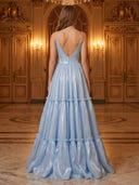 Satin A Line V Neck Spaghetti Straps Long Evening Dresses with Ruffles