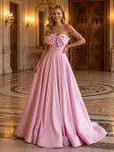 Satin A Line Strapless Sleeveless Long Evening Dresses with Bow