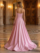 Satin A Line Strapless Sleeveless Long Evening Dresses with Bow