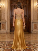 Satin Mermaid Strapless Sleeveless Long Evening Dresses with Slit
