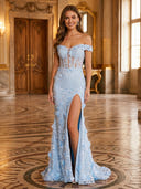 Lace Mermaid Off Shoulder Long Evening Dresses with Slit