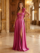 Metallic Satin A Line One Shoulder Long Evening Dresses with Slit