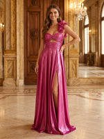 Metallic Satin A Line One Shoulder Long Evening Dresses with Slit
