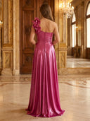 Metallic Satin A Line One Shoulder Long Evening Dresses with Slit