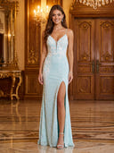 Mermaid Sequin V Neck Sleeveless Long Evening Dresses with Slit