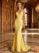 Mermaid Sequin V Neck Sleeveless Long Evening Dresses