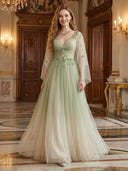 A Line V Neck Long Sleeves Evening Dresses with Flower