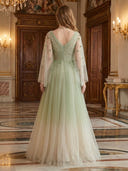 A Line V Neck Long Sleeves Evening Dresses with Flower