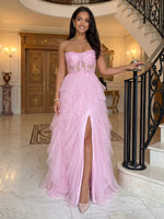 A Line Tiered Strapless Sleeveless Evening Dresses with Slit