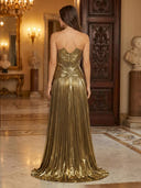 A Line Pleated Sweetheart Sleeveless Evening Dresses with Slit