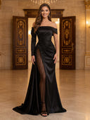 Satin Mermaid Off Shoulder Long Sleeves Evening Dresses with Slit