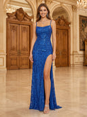 Sequin Mermaid Square Neck Sleeveless Evening Dresses with Slit