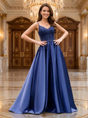 A Line V Neck Sleeveless Long Evening Dresses with Beads