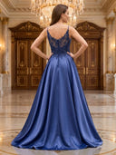 A Line V Neck Sleeveless Long Evening Dresses with Beads