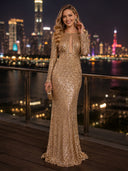 Sequin Mermaid Round Neck Long Sleeves Evening Dresses