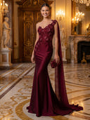 Mermaid One Shoulder Sleeveless Long Evening Dresses with Flower