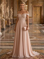 A Line Off Shoulder Sleeveless Long Evening Dresses