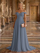 A Line Off Shoulder Sleeveless Long Evening Dresses