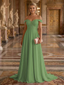 A Line Off Shoulder Sleeveless Long Evening Dresses