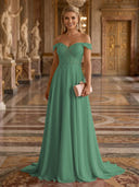 A Line Off Shoulder Sleeveless Long Evening Dresses
